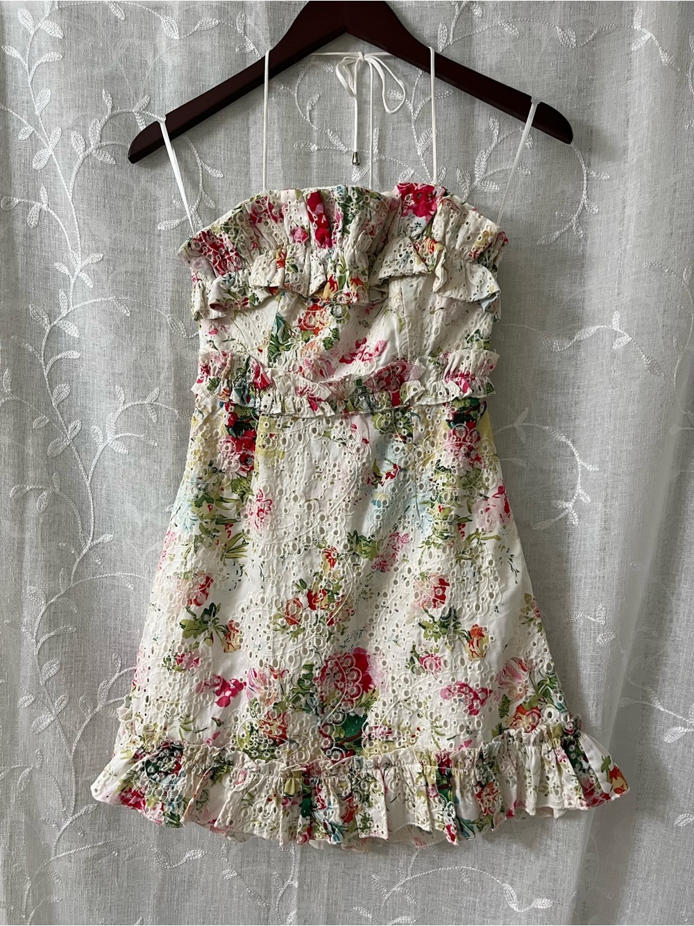 Hello Molly Floral Eyelet Mini Dress in Cream with Pink & Green Size 6
